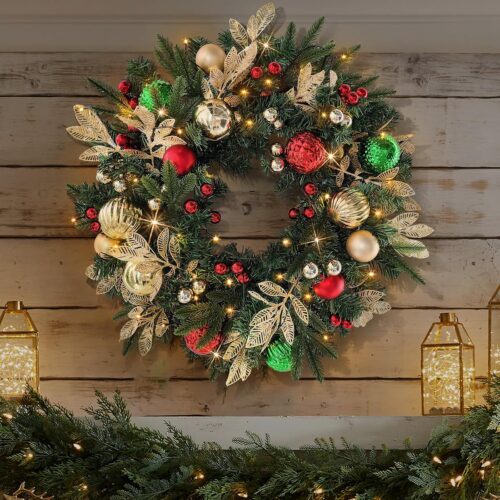 28’’ Pre-Lit Artificial Christmas Wreath Battery Operated 35 LED Lights with Gold, Green, and Red Ornaments