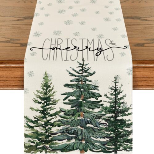 Beige Pine Tree Snowflake Merry Christmas Table Runner  13 x 72 Inch