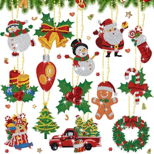 14 Pcs Diamond Art Christmas Ornaments Christmas Diamond Painting Keychains Kits
