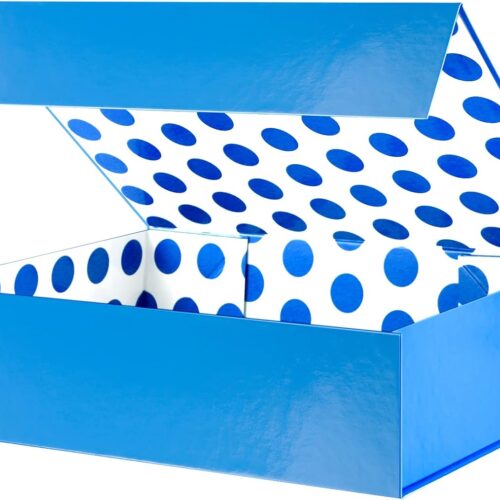 3x9.7x3.4 Inches, Large Blue Gift Box with Lid for Presents, Magnetic Gift Box for Clothes, Shirt Gift Box (Glossy Metallic Blue, Dot Design Inside)