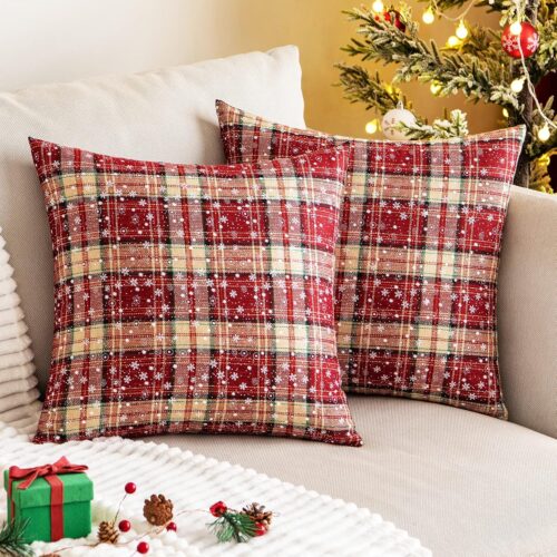 Pack of 2 Christmas Plaid Decorative Throw Pillow Covers Snowflake Tartan Scottish Cushion Cover 18x18 Inch