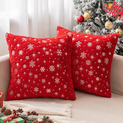 Set of 2 Christmas Decorative Throw Pillow Covers  18 X 18 Inch, Red