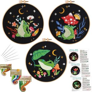 3 Sets Frog Embroidery Kits for Beginners,Cross Stitch Kit for Adults,Crewel Starters Needlepoint Kits with Embroidery Hoop,Threads and Instruction