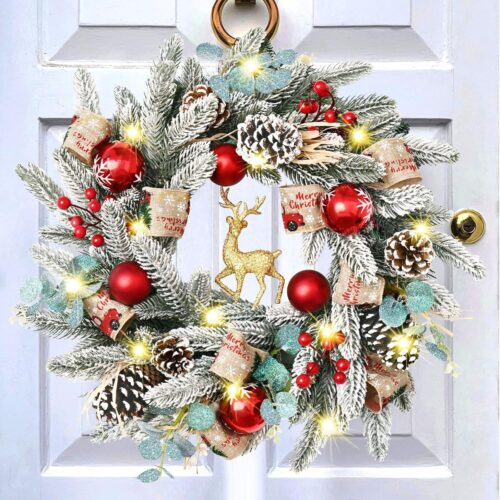 18'' Christmas Wreaths for Front Door with Sparkly Gold Christmas Reindeer Berries Pine Cones Pine Needles