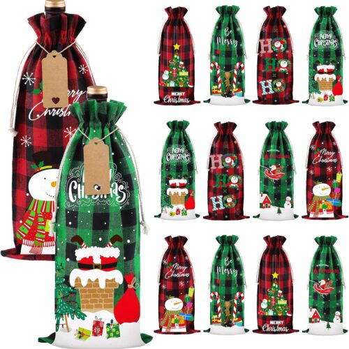 12 Pieces Christmas Burlap Wine Bags Xmas Buffalo Plaid Wine Gift Bags with Drawstrings, Gift Tags & Ropes