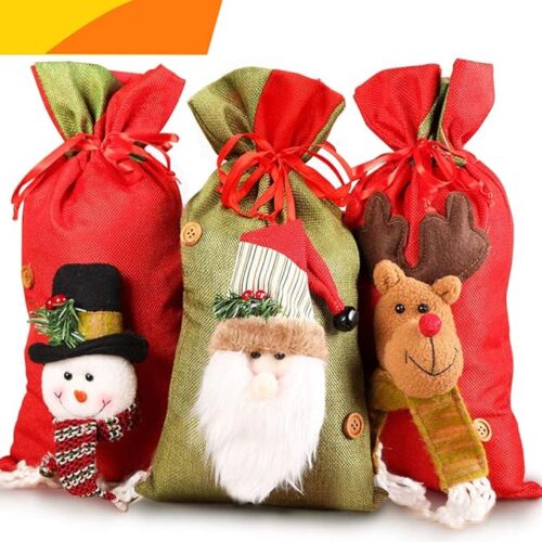 1 Santa Sacks Drawstring Christmas Bags, 3D Design Fabric Christmas Bags