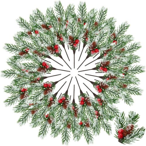 Red Berry Stems Pine Branches Artificial Christmas Picks Floral Pine Cones  (Fresh,48 Pcs)