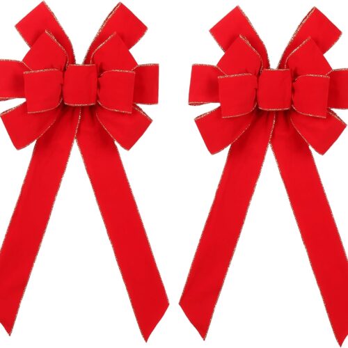 2 PCS Red Christmas Bows Tree Topper Bow Christmas Wreath Bows, Velvet Wreath Bow with Glitter Gold Edge, 12 * 22‘’