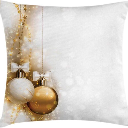 Christmas Throw Pillow Cushion Cover, Featured Xmas Baubles with Ribbon 20" X 20", White and Beige