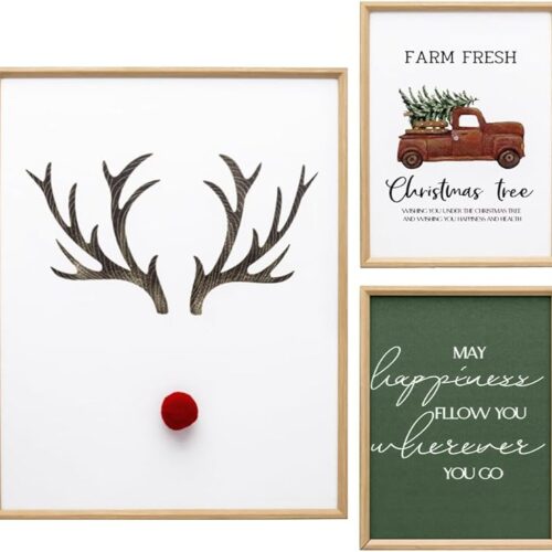 Framed Christmas Wall Decor with 3D Reindeer Nose, 5 Pack Indoor Christmas Decorations with Green Chistmas Tree Pictures for Bathroom(14x11,10x8,8x6)