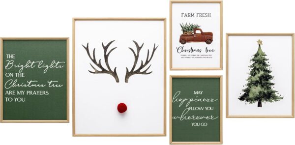Framed Christmas Wall Decor with 3D Reindeer Nose, 5 Pack Indoor Christmas Decorations with Green Chistmas Tree Pictures for Bathroom(14x11,10x8,8x6) 1