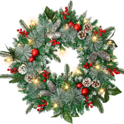 24in Christmas Wreath with Lights, Pine Cone Wreath Lighted Christmas Wreaths Winter Wreath
