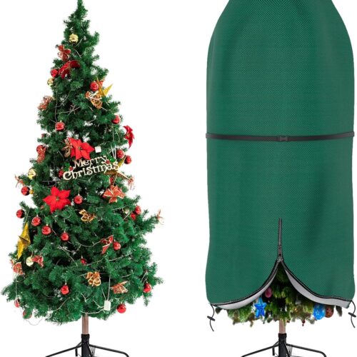 Durable Upright Xmas Tree Storage Bag with Zipper & Drawstring for up to 7.5 Foot Artificial Tree Standing with Ornaments, Waterproof, Dustproof