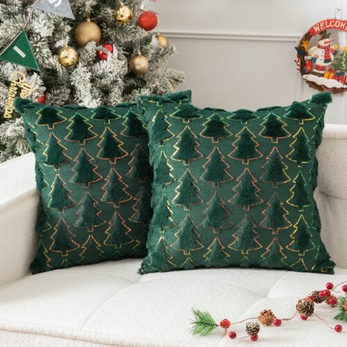 Christmas Tree Decorative Pillow Covers 18x18 Inch Set of 2 Soft Plush Faux, Dark Green