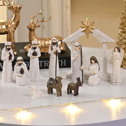 11Pcs Miniature Nativity Scene, Modern Holy Family Manger Scene Tabletop Nativity Figurines for Christmas Indoor Decor