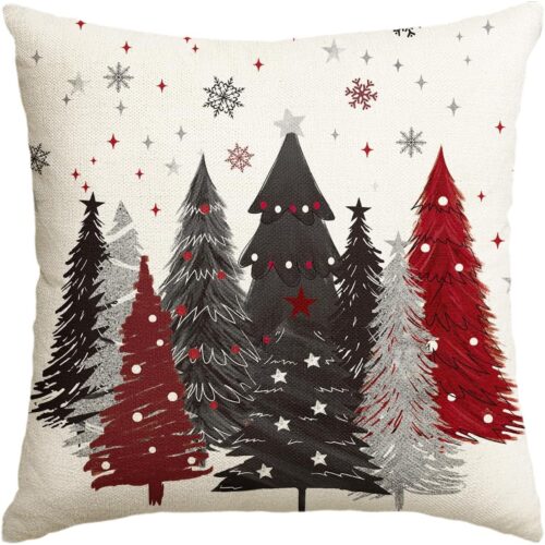 Red and Black Merry Christmas Trees Snowflake Throw Pillow Cover, 18 x 18 Inch
