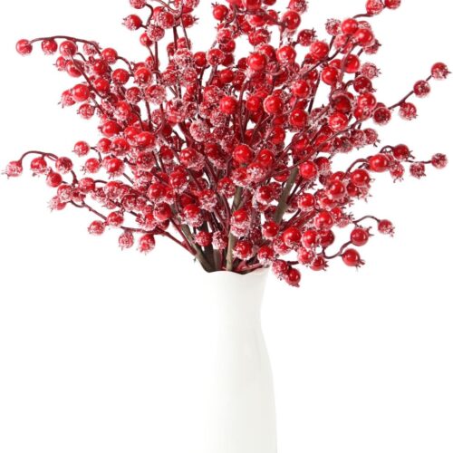 6 Pack 17" Long Artificial Snowy Christmas Red Berries Red Berry Picks Winter Holly Berry Branches