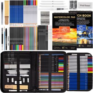 76 Pack Pro Sketching Kit with Sketchbook & Watercolor Pad, Includes Graphite, Charcoal, Watercolor & Metallic Pencils