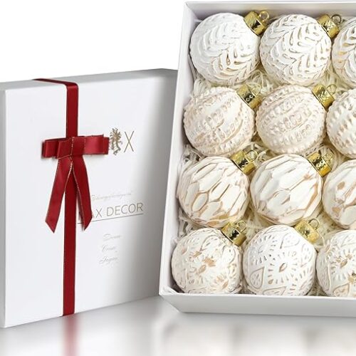 1 White and Gold Rustic Christmas Ball Ornaments, 3.15 inches Vintage Christmas Tree Decorations
