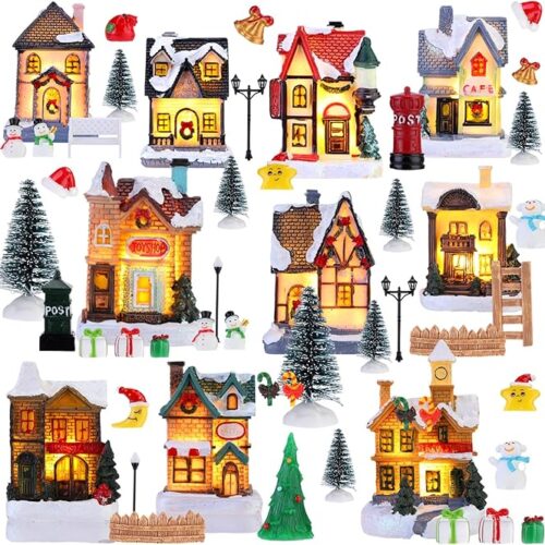 1 60 Pcs Christmas Village Figurines Decor Set Led Lighted Mini Xmas Village Houses