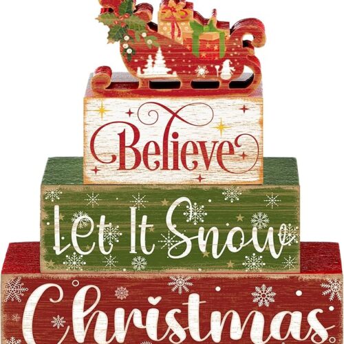 1 4 Pcs Christmas Sled Table Decor Wooden Block Sign Christmas Tiered Tray Decor