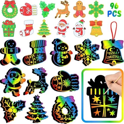 1 96Pcs Christmas Scratch Craft Kits for Kids, Christmas Magic Scratch Art Paper Party Game Supplies,