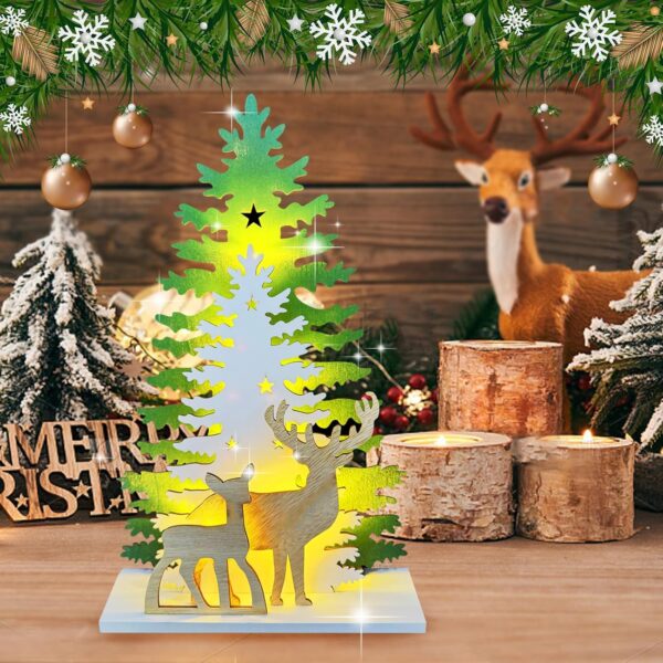 Lighted Christmas Tabletop Wooden Christmas Tree and Deer Table Decor 5