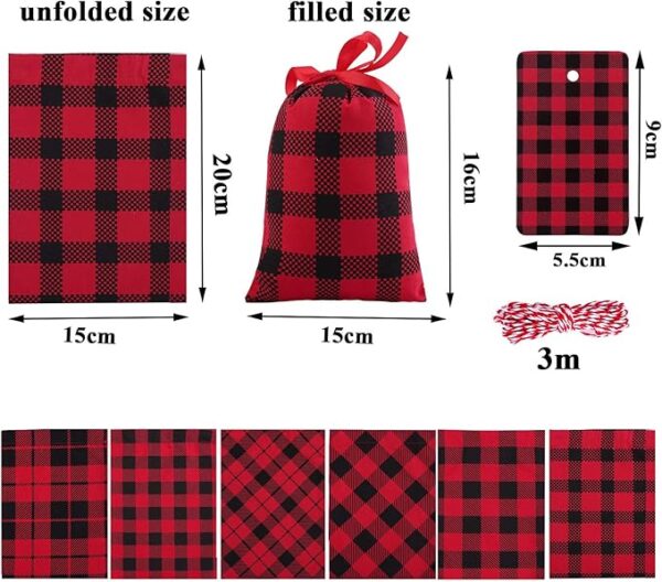 12 Pieces Mini Christmas Cotton Buffalo Plaid Red and Black Plaid Drawstring Bag 5