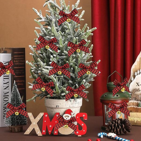 50 Pieces Christmas Bow with Bell Mini Plaid Bows 5