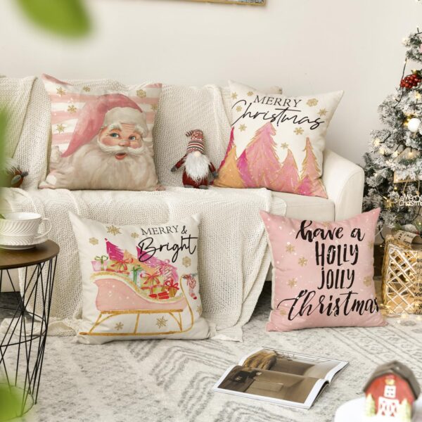 Pink Christmas Stripes Santa Christmas Tree Sleigh Stocking Gift Throw Pillow Covers, 18 x 18 Inch set of 4 5