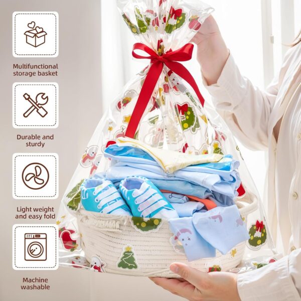 Small Woven Basket with Christmas Gift Bags and Ribbons, 12"x 8"x 5", White 5
