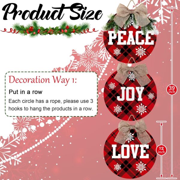 3 Pieces Christmas Hanging Sign Decorations Peace Joy Love Sign Buffalo Check Plaid Wreath 5