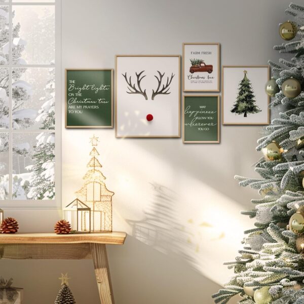 Framed Christmas Wall Decor with 3D Reindeer Nose, 5 Pack Indoor Christmas Decorations with Green Chistmas Tree Pictures for Bathroom(14x11,10x8,8x6) 5
