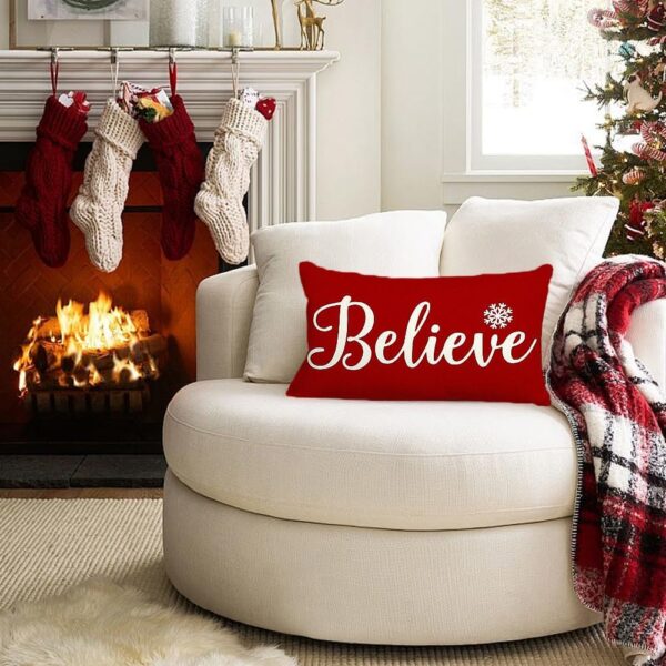 Christmas Pillow Covers 12x20,Red Believe Christmas Lumbar Pillows 5