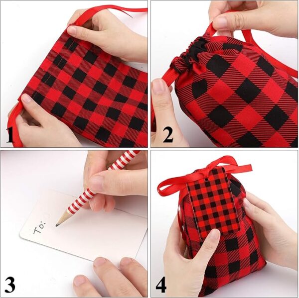 12 Pieces Mini Christmas Cotton Buffalo Plaid Red and Black Plaid Drawstring Bag 4