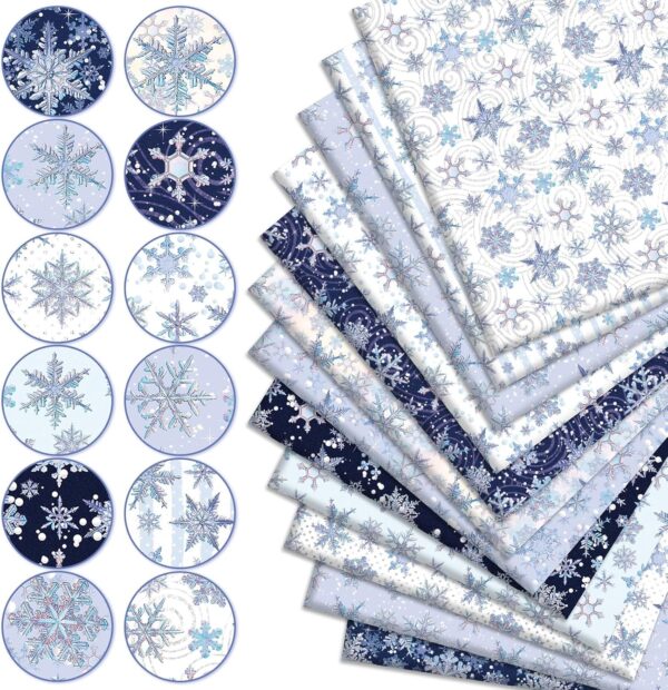 12Pcs Winter Cotton Fabric Bundles Blue Purple Snowflake Fat Quarter Xmas 4