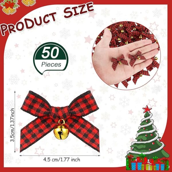 50 Pieces Christmas Bow with Bell Mini Plaid Bows 4