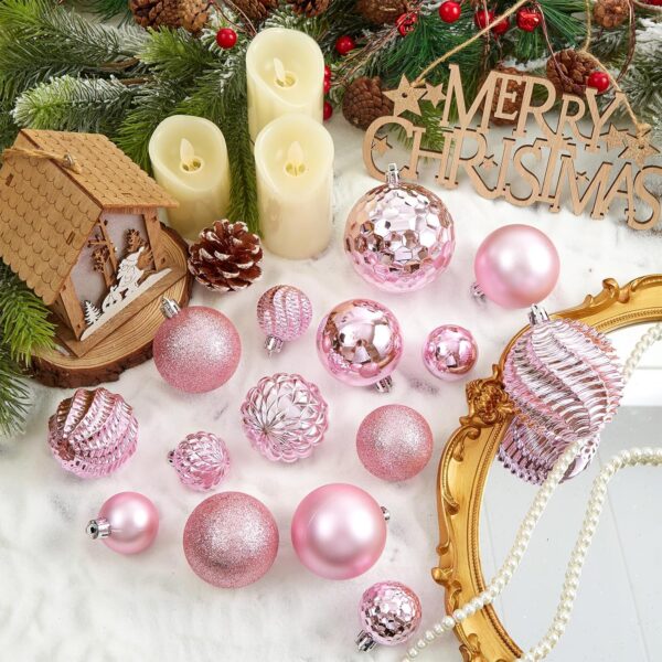 36pcs Shatterproof Christmas Tree Decorations with Hanging Loop 6 Styles in 3 Sizes(Pink) 4