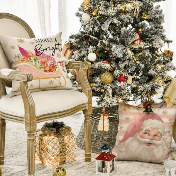 Pink Christmas Stripes Santa Christmas Tree Sleigh Stocking Gift Throw Pillow Covers, 18 x 18 Inch set of 4 4
