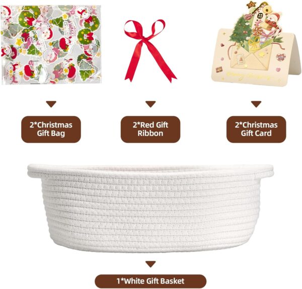 Small Woven Basket with Christmas Gift Bags and Ribbons, 12"x 8"x 5", White 4