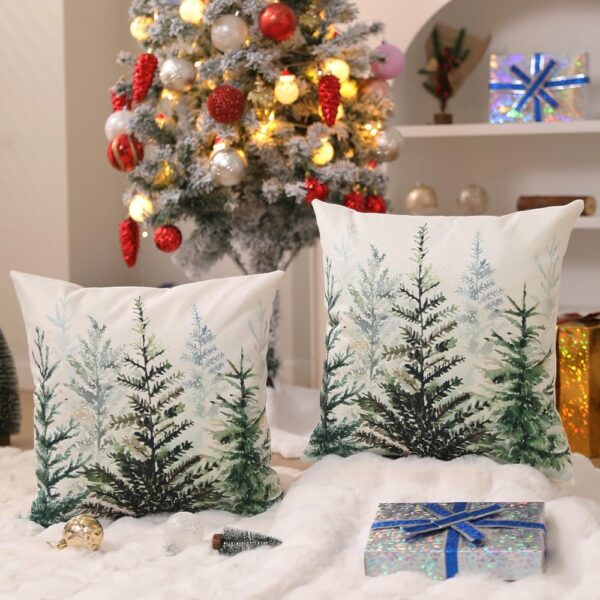 Christmas Pillow Covers 18x18 inch Set of 2 Watercolor Blue Green Christmas Tree 4