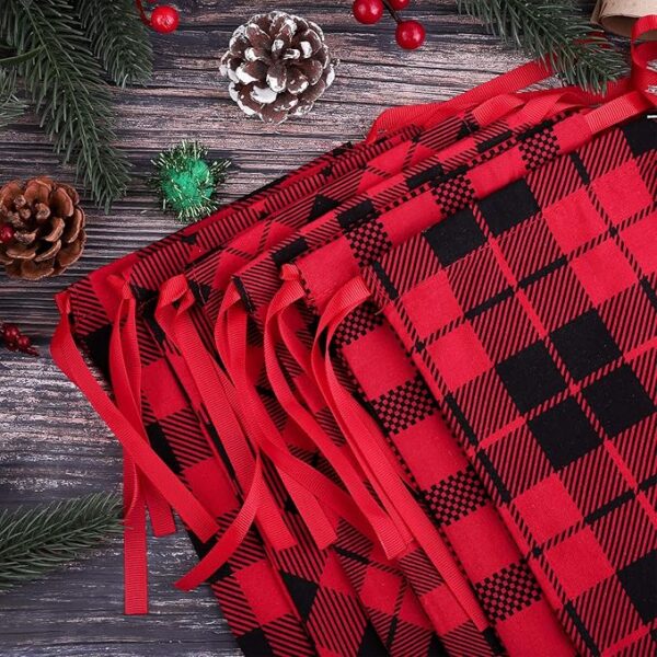 12 Pieces Mini Christmas Cotton Buffalo Plaid Red and Black Plaid Drawstring Bag 3