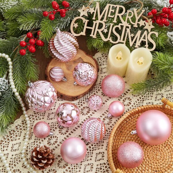 36pcs Shatterproof Christmas Tree Decorations with Hanging Loop 6 Styles in 3 Sizes(Pink) 3