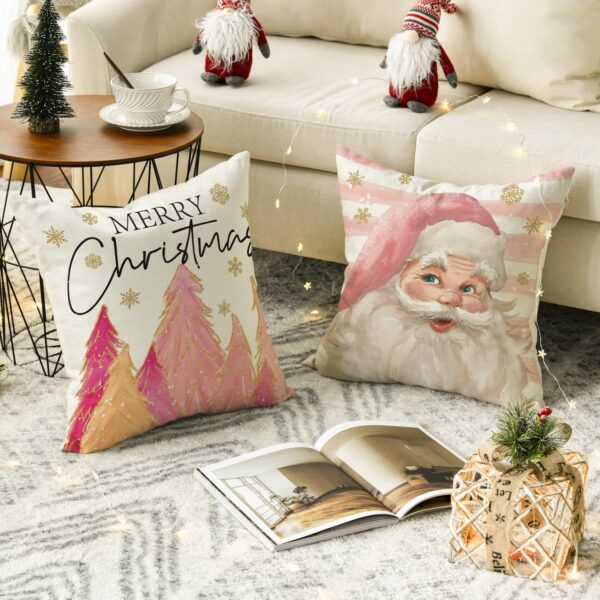 Pink Christmas Stripes Santa Christmas Tree Sleigh Stocking Gift Throw Pillow Covers, 18 x 18 Inch set of 4 3