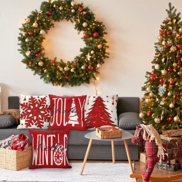 4PCS Christmas Pillow Covers 18x18 inch Winter Throw Pillow Covers Red Christmas Tree Snowflake 3