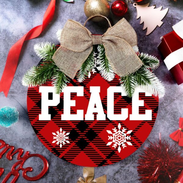 3 Pieces Christmas Hanging Sign Decorations Peace Joy Love Sign Buffalo Check Plaid Wreath 3