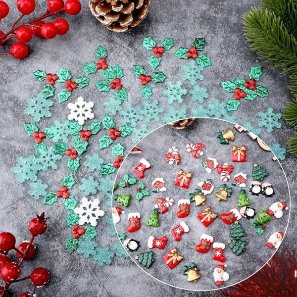 200 Pcs Christmas Resin Flatback Charms Mini Triple Leaf Holly Berries Embellishments 3