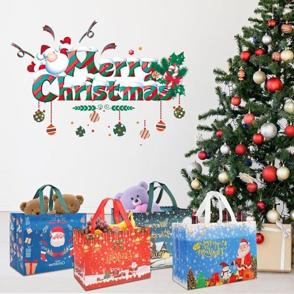 18 PCS Large Reusable Christmas Tote Bags with Handles, Christmas Treat Bags 2