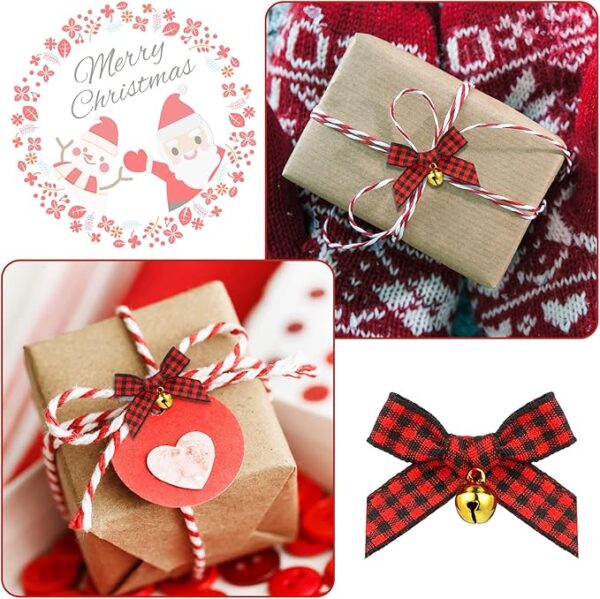 50 Pieces Christmas Bow with Bell Mini Plaid Bows 2