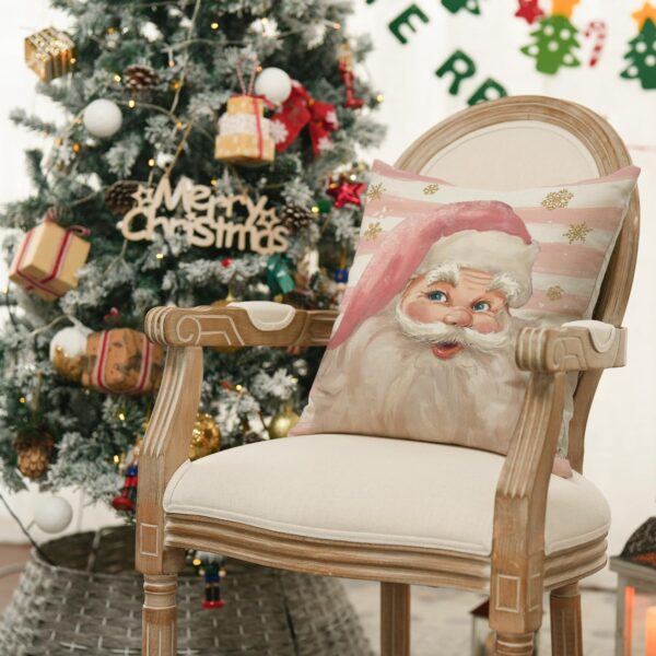 Pink Christmas Stripes Santa Christmas Tree Sleigh Stocking Gift Throw Pillow Covers, 18 x 18 Inch set of 4 2